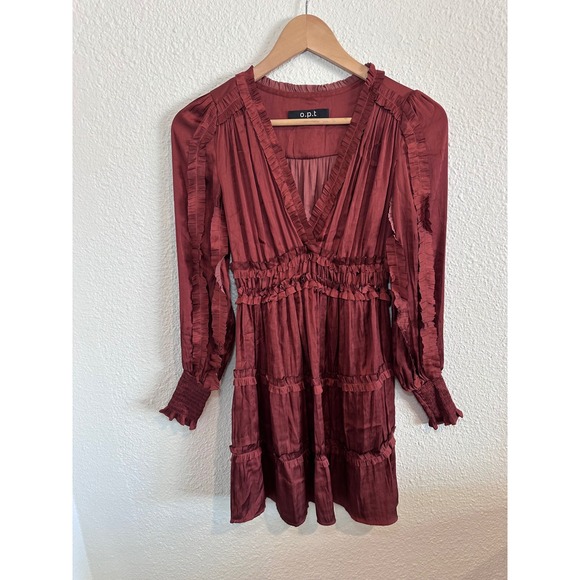 O.P.T. Rust Red Ruffle Tiered Mini Dress Smocked Waist Long Sleeve XS Boho - Picture 2 of 7